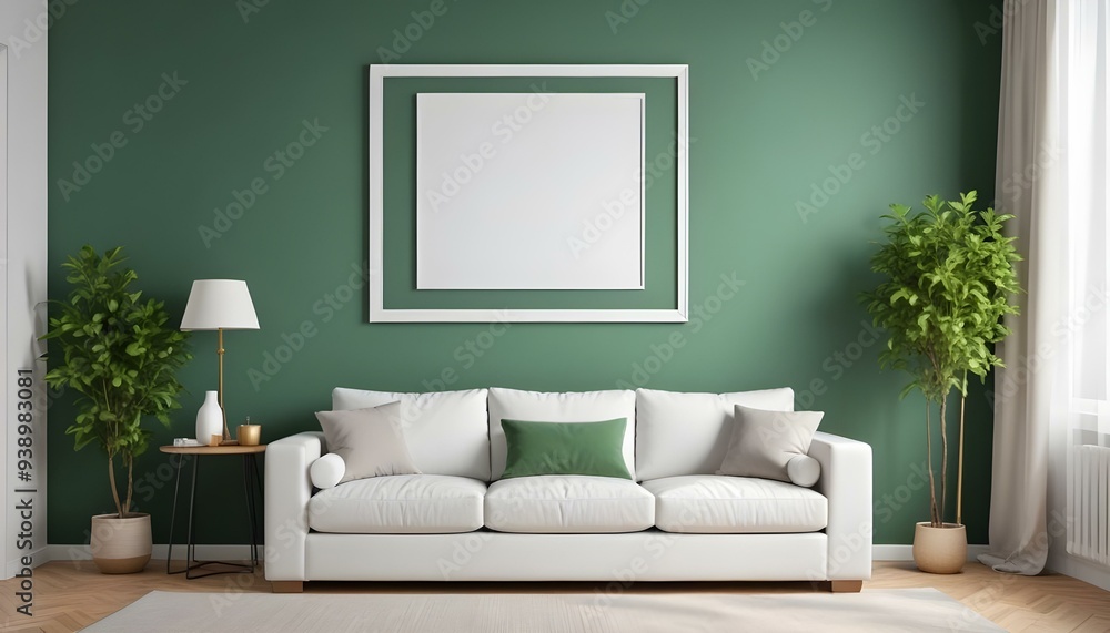Interior mockup In a white room a blue sofa is placed next to a photo frame on the wall Interior mockup In a white room a blue sofa is placed next to a photo frame on the wall