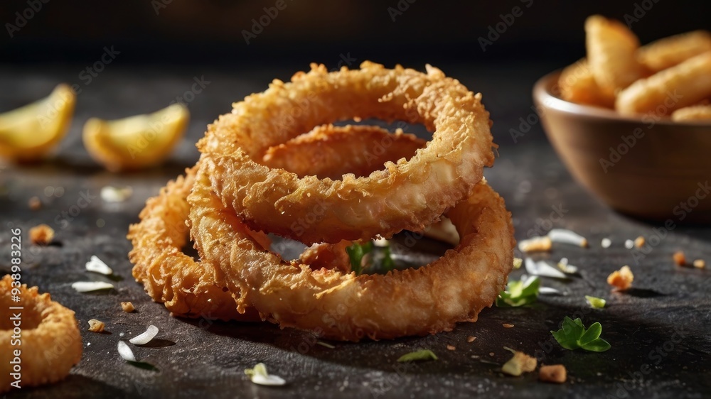 Fried onion rings on black background Fried onion rings on black background