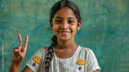 Young happy Indian girl sitting at a table and showing the ok sign with her hand isolated on a green background. photo