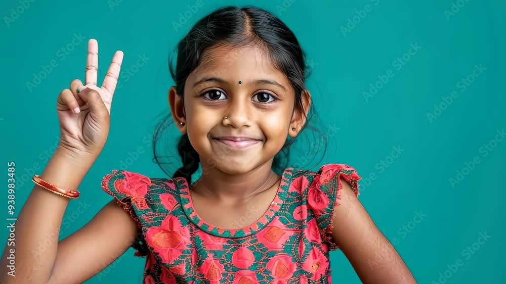 Young happy Indian girl sitting at a table and showing the ok sign with her hand isolated on a green background. Young happy Indian girl sitting at a table and showing the ok sign with her hand isolated on a green background.