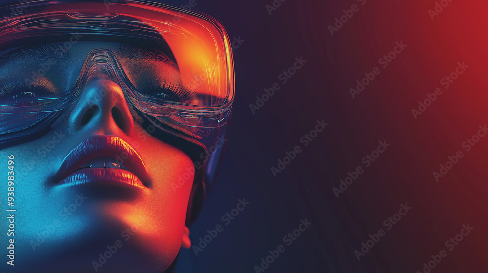 Woman wearing futuristic glasses in neon light Woman wearing futuristic glasses in neon light