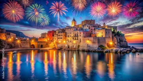 Vibrant fireworks explode in the night sky above ancient architecture in Italy, casting a kaleidoscope of colors and reflections on the calm Mediterranean waters below.