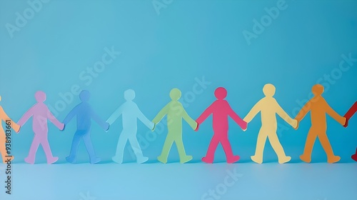 A chain of colorful paper cut out humans holding hands on a blue studio background. Row of diverse people help, family union connection 