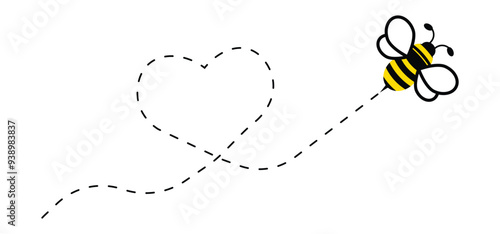 flying bee. honey bee fly on dotted heart shaped line path. transparent png and vector illustration.
