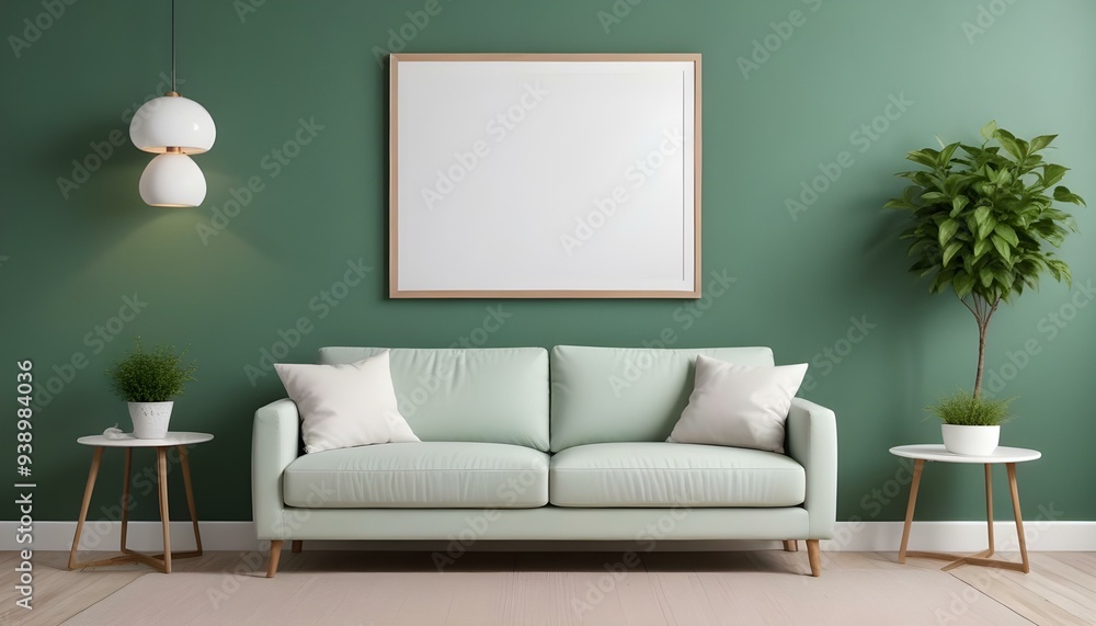 Interior mockup In a white room a blue sofa is placed next to a photo frame on the wall Interior mockup In a white room a blue sofa is placed next to a photo frame on the wall