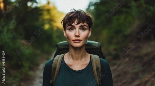  A young woman hiking on a sunny trail surrounded by nature in a mountainous area during the late afternoon, wearing a light shirt and carrying a backpack