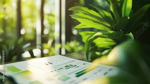 Detailed view of a green business plan document with charts on eco-friendly product sales photo