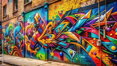 Vibrant graffiti artwork splashes color on a weathered urban wall, featuring abstract shapes, bold fonts, and energetic strokes that evoke a sense of rebellious creativity.