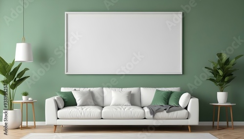 Interior mockup In a white room a blue sofa is placed next to a photo frame on the wall