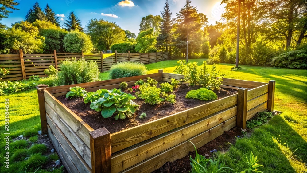 Vibrant green garden bed with freshly turned compost, rich soil, and lush foliage, surrounded by wooden fence and sunny backyard landscape. Vibrant green garden bed with freshly turned compost, rich soil, and lush foliage, surrounded by wooden fence and sunny backyard landscape.