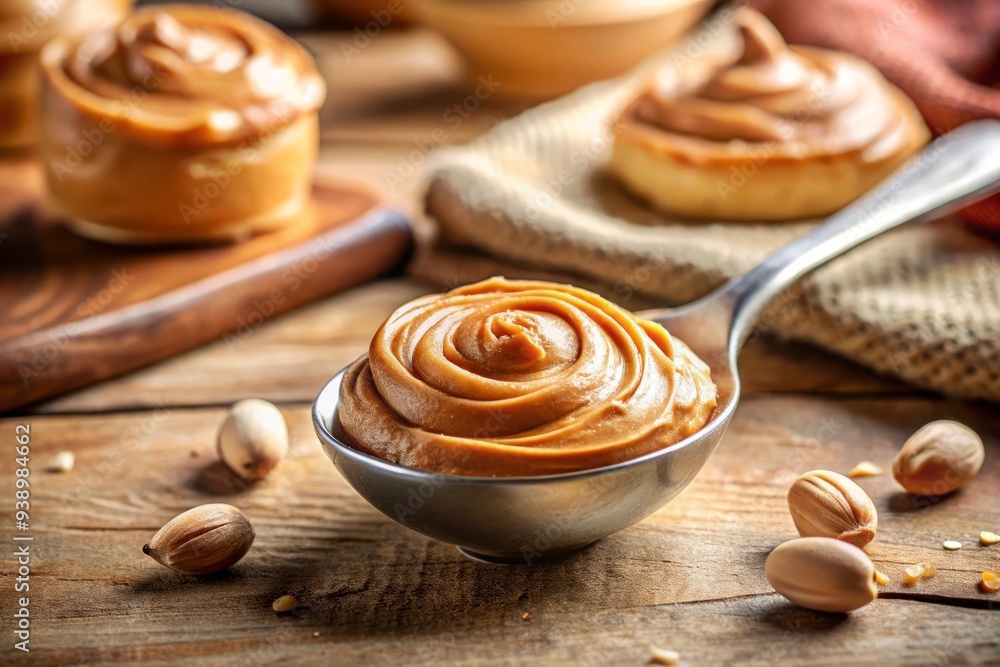 Whimsical morning sunlight on creamy peanut butter swirls wrapped around worn spoon's curves, warm beige tones, shallow focus, playful breakfast scene Whimsical morning sunlight on creamy peanut butter swirls wrapped around worn spoon's curves, warm beige tones, shallow focus, playful breakfast scene