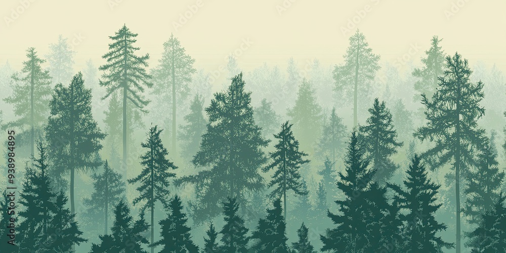 Fototapeta premium Misty Forest Landscape with Tall Evergreen Trees