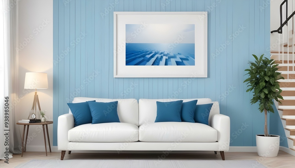 Interior mockup In a white room a blue sofa is placed next to a photo frame on the wall Interior mockup In a white room a blue sofa is placed next to a photo frame on the wall