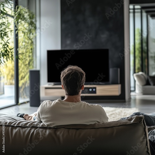 Man watching TV at modern home photo