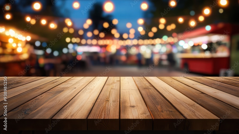 Empty wooden tables on blurred food truck festival and bright decoration lights as a background. Empty wooden tables on blurred food truck festival and bright decoration lights as a background.