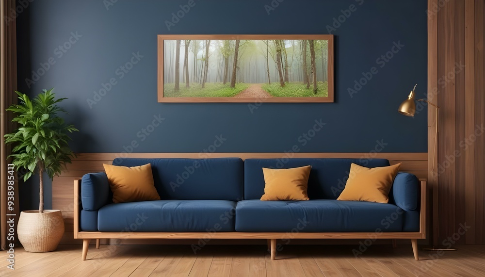 Interior mockup In a white room a blue sofa is placed next to a photo frame on the wall Interior mockup In a white room a blue sofa is placed next to a photo frame on the wall