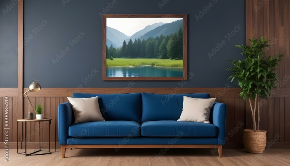 Interior mockup In a white room a blue sofa is placed next to a photo frame on the wall Interior mockup In a white room a blue sofa is placed next to a photo frame on the wall