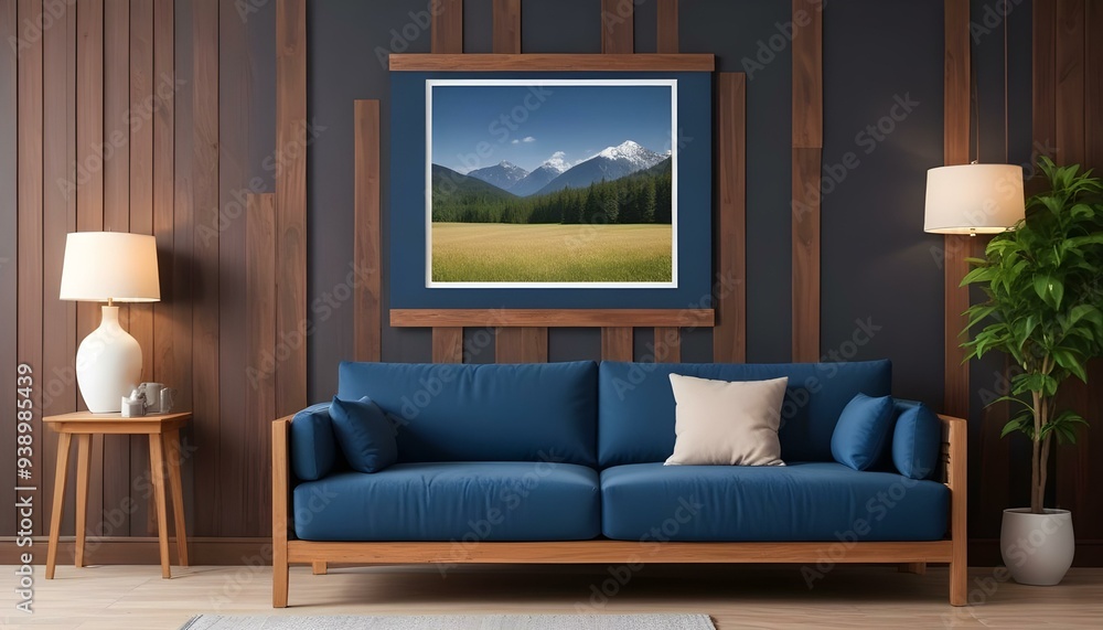 Interior mockup In a white room a blue sofa is placed next to a photo frame on the wall Interior mockup In a white room a blue sofa is placed next to a photo frame on the wall