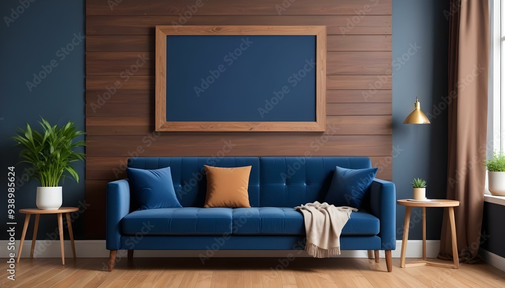 Interior mockup In a white room a blue sofa is placed next to a photo frame on the wall Interior mockup In a white room a blue sofa is placed next to a photo frame on the wall
