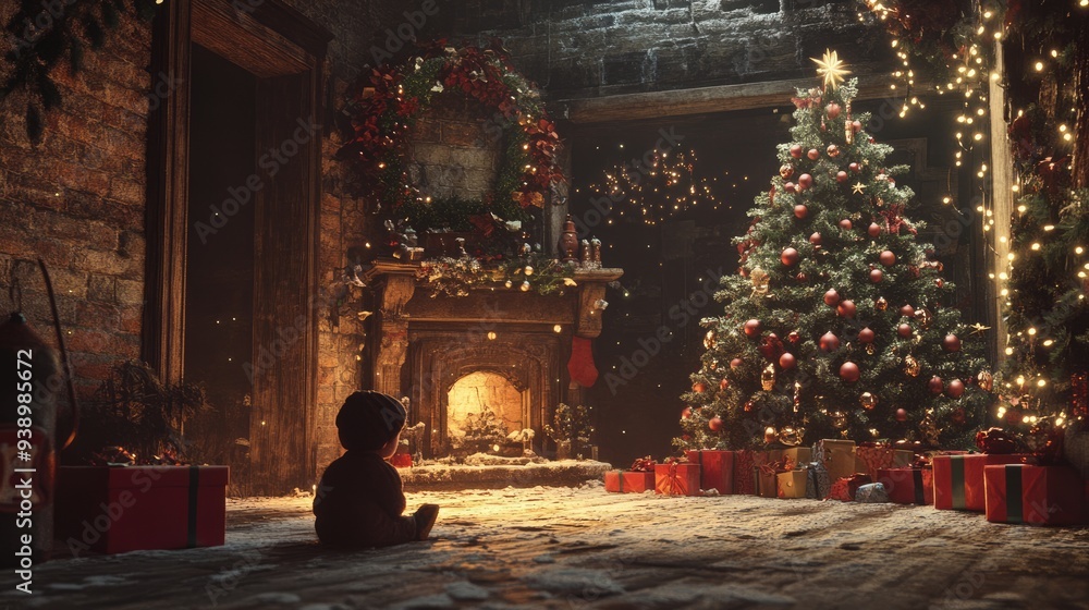A Cozy Christmas Scene with a Child and a Decorated Tree A Cozy Christmas Scene with a Child and a Decorated Tree