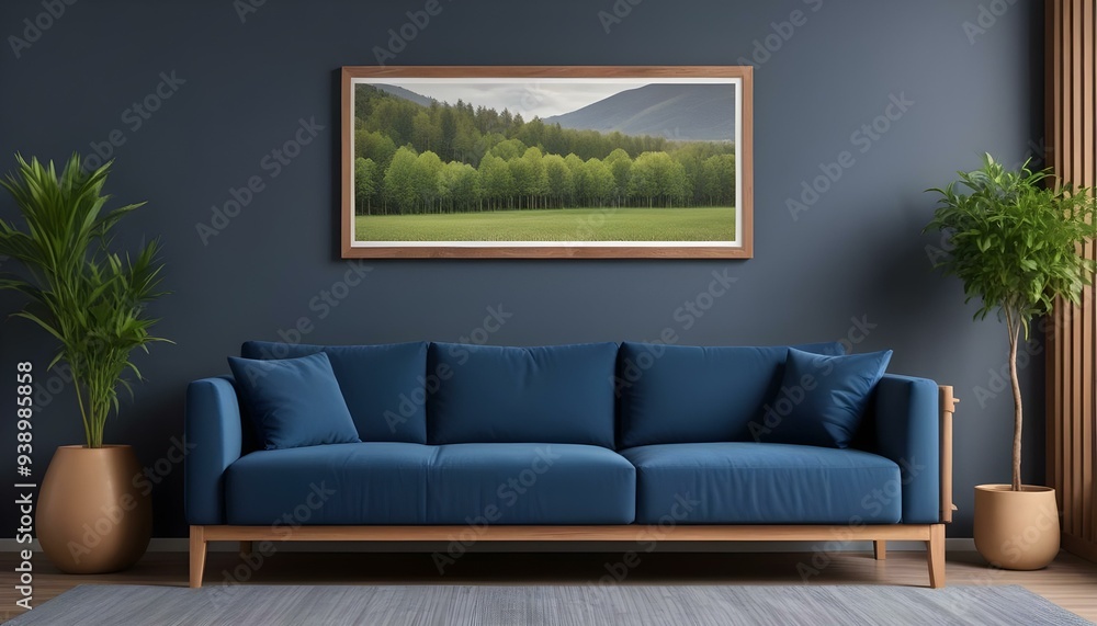 Interior mockup In a white room a blue sofa is placed next to a photo frame on the wall Interior mockup In a white room a blue sofa is placed next to a photo frame on the wall