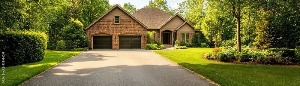 Beautiful brick house with a well-maintained lawn and driveway surrounded by trees in a serene neighborhood. Beautiful brick house with a well-maintained lawn and driveway surrounded by trees in a serene neighborhood.