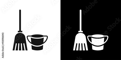 besom with stick and pail icon Flat fill set collection