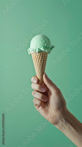 A close-up of a hand holding mint green ice cream in a waffle cone against a green background, highlighting cool tones and refreshing texture.