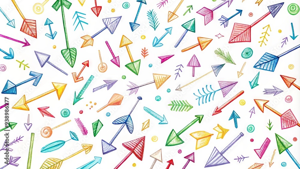Vibrant multicolored hand-drawn arrows in various shapes and sizes scatter across a white background, conveying creativity, direction, and playful movement in a whimsical illustration. Vibrant multicolored hand-drawn arrows in various shapes and sizes scatter across a white background, conveying creativity, direction, and playful movement in a whimsical illustration.