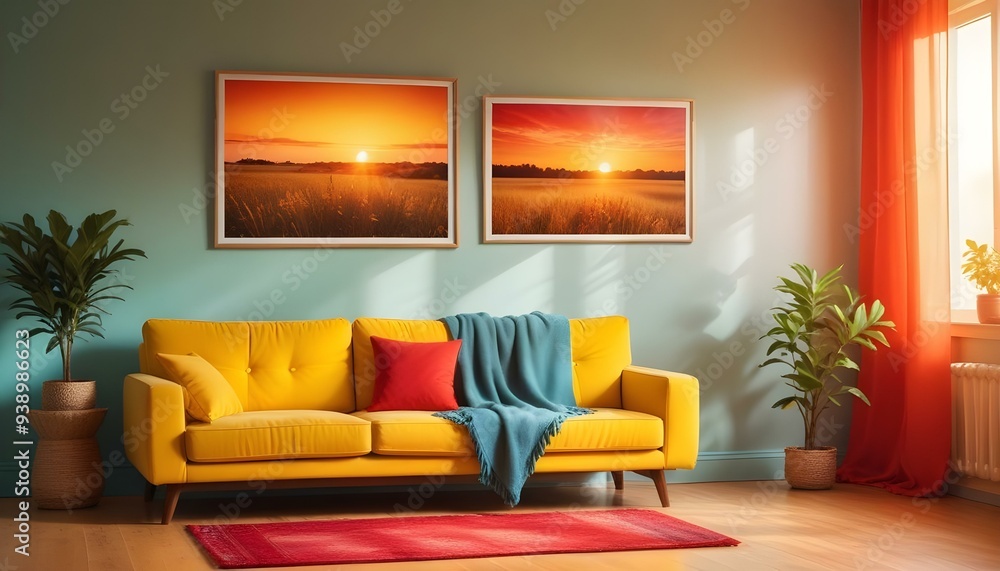 Interior mockup In a white room a blue sofa is placed next to a photo frame on the wall Interior mockup In a white room a blue sofa is placed next to a photo frame on the wall
