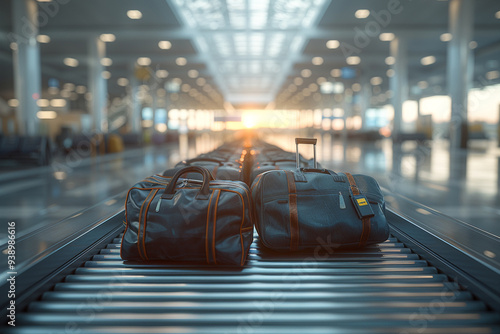 In early morning light of a sunny day, a wide-angle view captures bustling energy of baggage moving on an airport conveyor belt in an empty airport arrivals hall, as promise of adventure and new expe photo