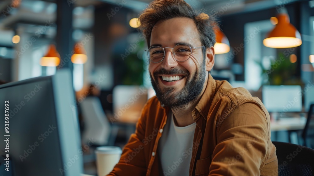 Happy man sitting at computer and looking at computer screen in modern corporate office. Happy man sitting at computer and looking at computer screen in modern corporate office.