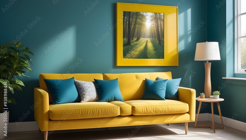 Interior mockup In a white room a blue sofa is placed next to a photo frame on the wall Interior mockup In a white room a blue sofa is placed next to a photo frame on the wall