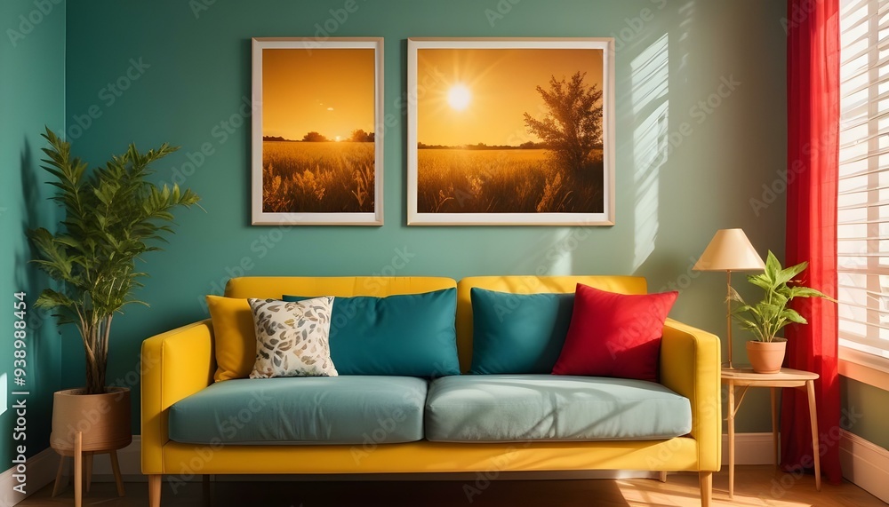 Interior mockup In a white room a blue sofa is placed next to a photo frame on the wall Interior mockup In a white room a blue sofa is placed next to a photo frame on the wall