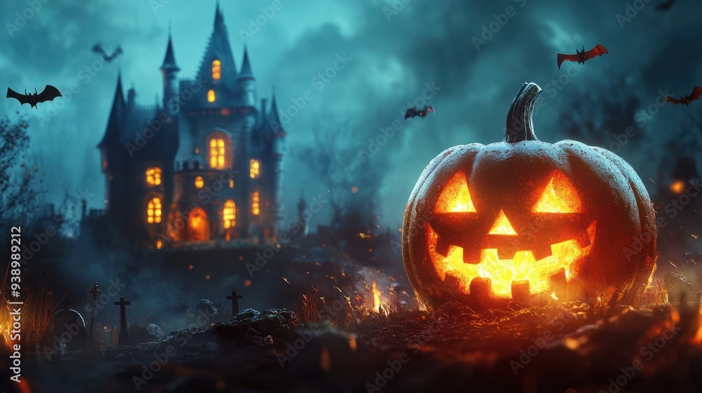 Halloween night scene background with castle with halloween pumpkin within flames in the graveyard and bats in the night, AI Generation Halloween night scene background with castle with halloween pumpkin within flames in the graveyard and bats in the night, AI Generation