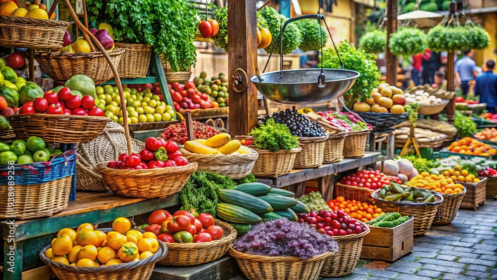 Vibrant scene of colorful fruits and vegetables on display at an outdoor market, with woven baskets and vintage scales amidst a lively shopping atmosphere. Vibrant scene of colorful fruits and vegetables on display at an outdoor market, with woven baskets and vintage scales amidst a lively shopping atmosphere.
