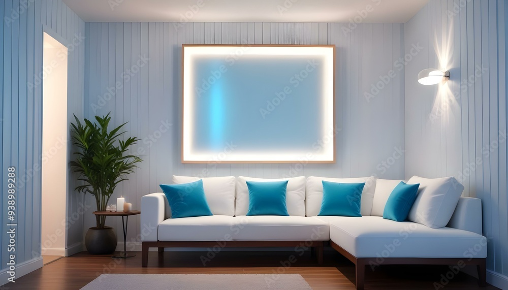 Interior mockup In a white room a blue sofa is placed next to a photo frame on the wall Interior mockup In a white room a blue sofa is placed next to a photo frame on the wall