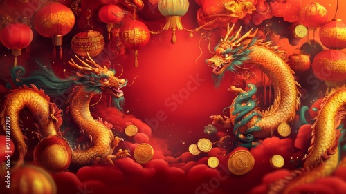 Wallpaper Mural Vibrant Chinese New Year Celebration with Golden Dragons, Red Lanterns, and Gold Coins in a Festive Atmosphere Torontodigital.ca