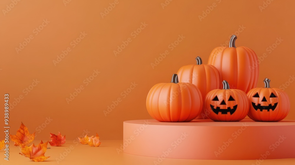 Halloween product display with pumpkins and empty minimal podium pedestal, 3D illustration, clean background Halloween product display with pumpkins and empty minimal podium pedestal, 3D illustration, clean background