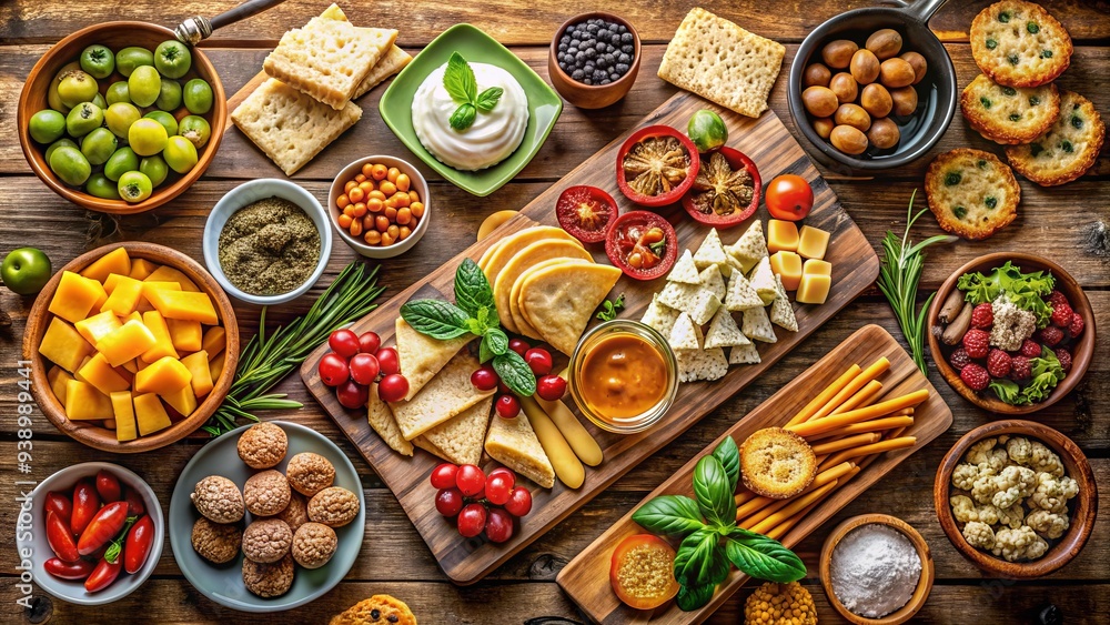 Vibrant Spread Of Freshly Prepared Snack Foods Arranged On A Rustic Wooden Table Vibrant Spread Of Freshly Prepared Snack Foods Arranged On A Rustic Wooden Table