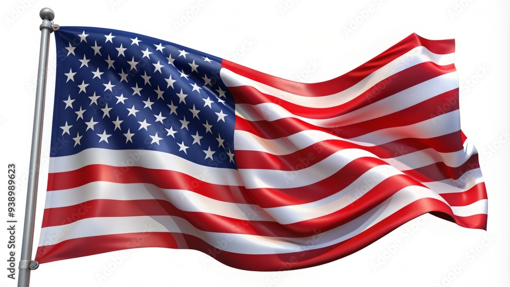 Obraz premium Vibrant Stars and Stripes wave proudly against a crisp white isolated background, symbolizing freedom, patriotism, and American spirit with bold colors and sharp folds.