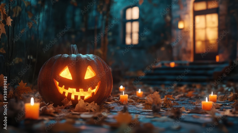 Halloween scary pumpkin, candles and dry leaves on the background of the evening house. halloween background. Halloween scary pumpkin, candles and dry leaves on the background of the evening house. halloween background.