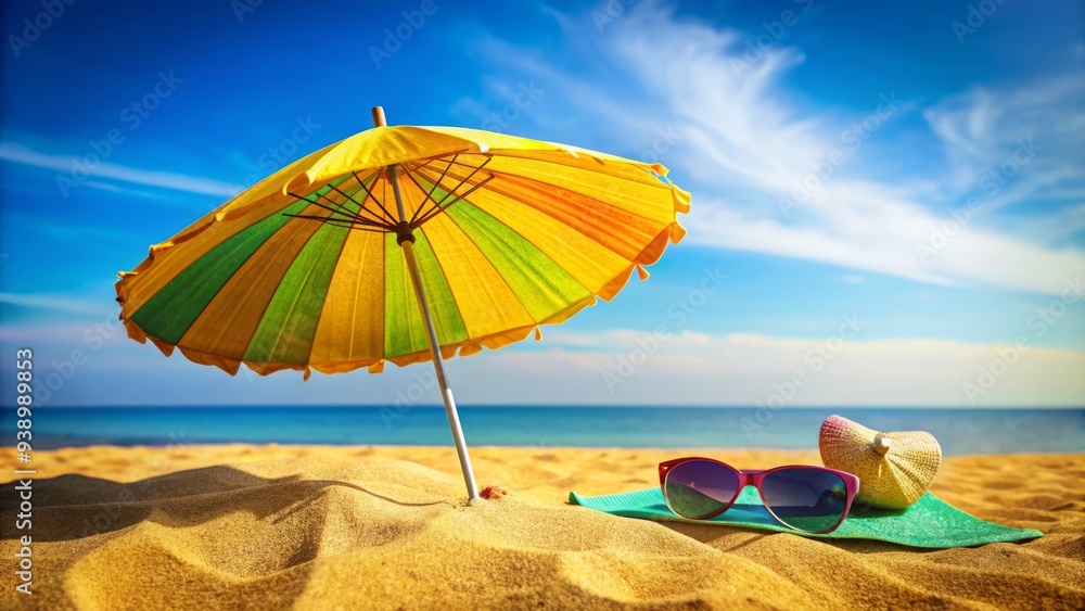 Vibrant summer scene featuring a crumpled paper umbrella, sunglasses, and flip flops scattered on a bright yellow beach towel against a clear blue sky background. Vibrant summer scene featuring a crumpled paper umbrella, sunglasses, and flip flops scattered on a bright yellow beach towel against a clear blue sky background.