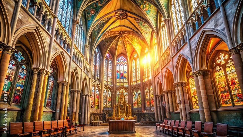 Obraz premium Vibrant sunlight illuminates a grand, ornate cathedral with intricate stone carvings and stunning stained-glass windows, conveying a sense of reverence and spiritual connection.