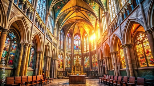 Vibrant sunlight illuminates a grand, ornate cathedral with intricate stone carvings and stunning stained-glass windows, conveying a sense of reverence and spiritual connection.