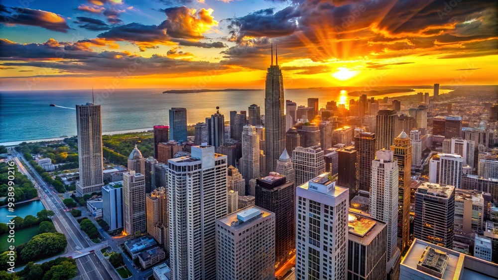 Fototapeta premium Vibrant sunset casts a warm glow over the towering skyscrapers and bustling streets of downtown Chicago, with Lake Michigan shimmering in the background.
