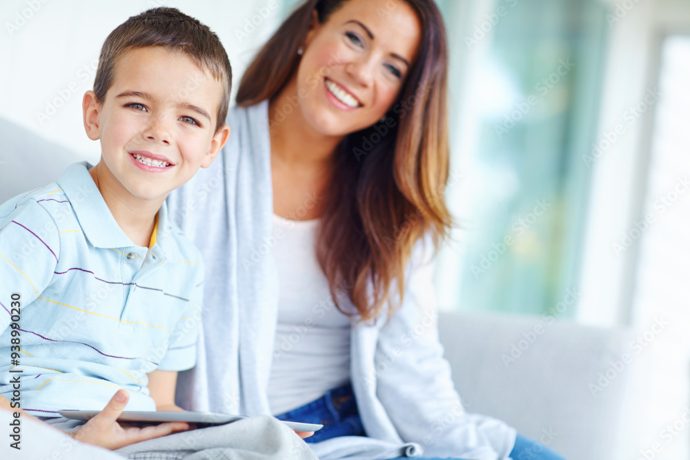 Mother, son and tablet on sofa for film, online cartoon or internet with entertainment for childhood together at home. Portrait, mom and kid or child with smile for hug and relax on living room couch Mother, son and tablet on sofa for film, online cartoon or internet with entertainment for childhood together at home. Portrait, mom and kid or child with smile for hug and relax on living room couch