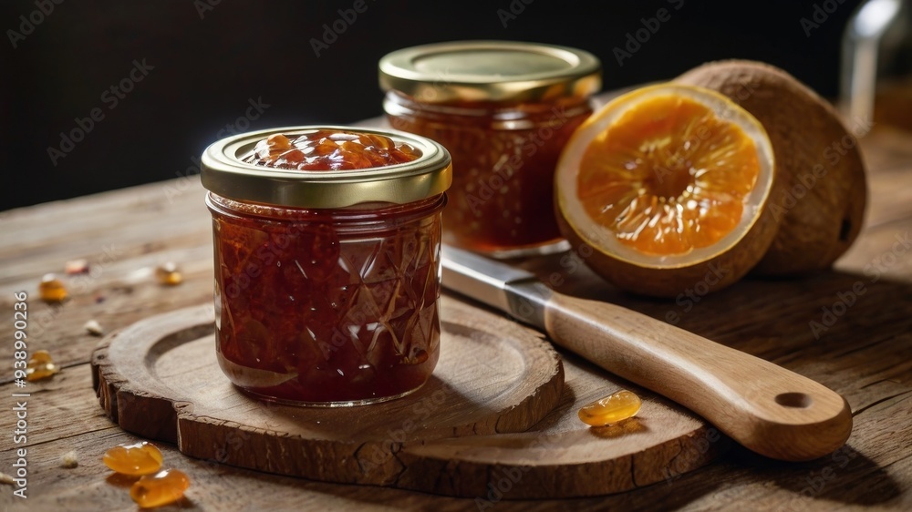 Top view of glass jar full of fruit jam on wooden table Top view of glass jar full of fruit jam on wooden table