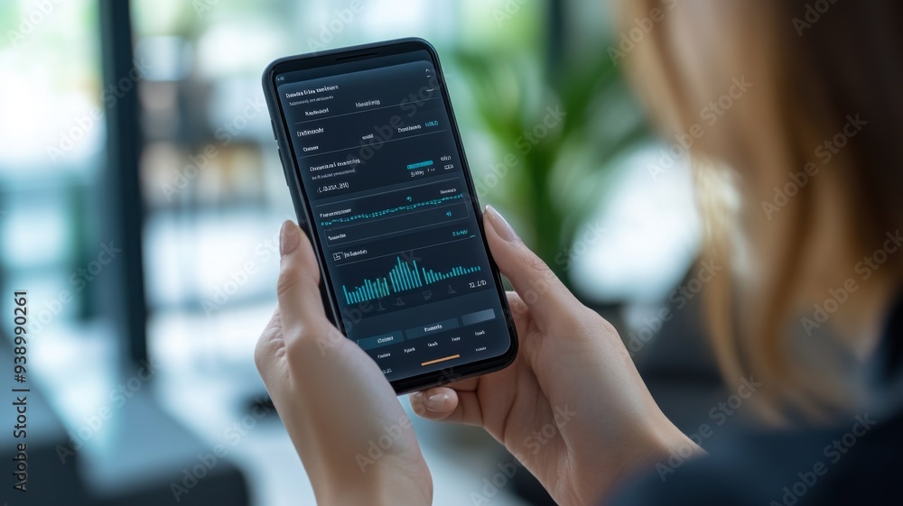 Woman Using Smartphone to Monitor Health Data on Fitness App in Modern Home Environment Woman Using Smartphone to Monitor Health Data on Fitness App in Modern Home Environment