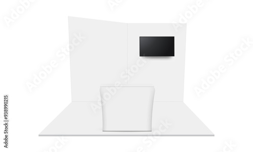Trade Show Display Kit WIth Walls, Counter Table, TV Screen, Isolated On White Background. Vector Illustration